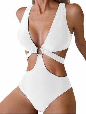 Favnac White Deep V-Neck One Piece Swimsuit